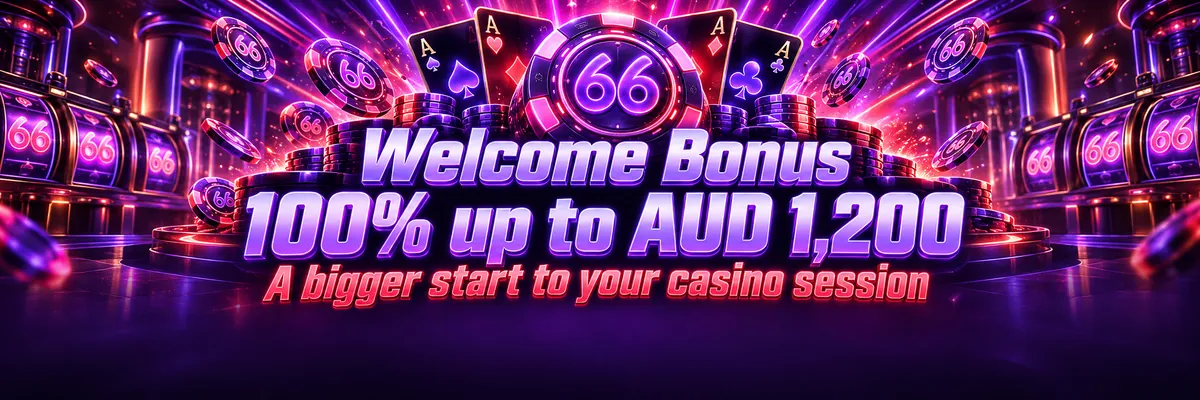 Purple and pink Tab66 welcome bonus banner with glowing 66 casino chips and cards