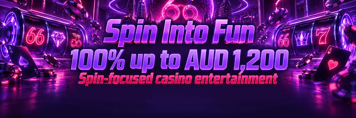 Purple and pink Tab66 spin banner with luminous reels and glowing casino tokens